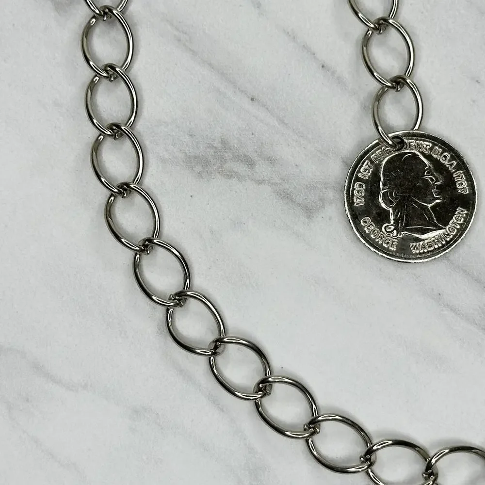 George Washington Coin Charm Silver Tone Metal Chain Link Belt One Size (OS) ✨